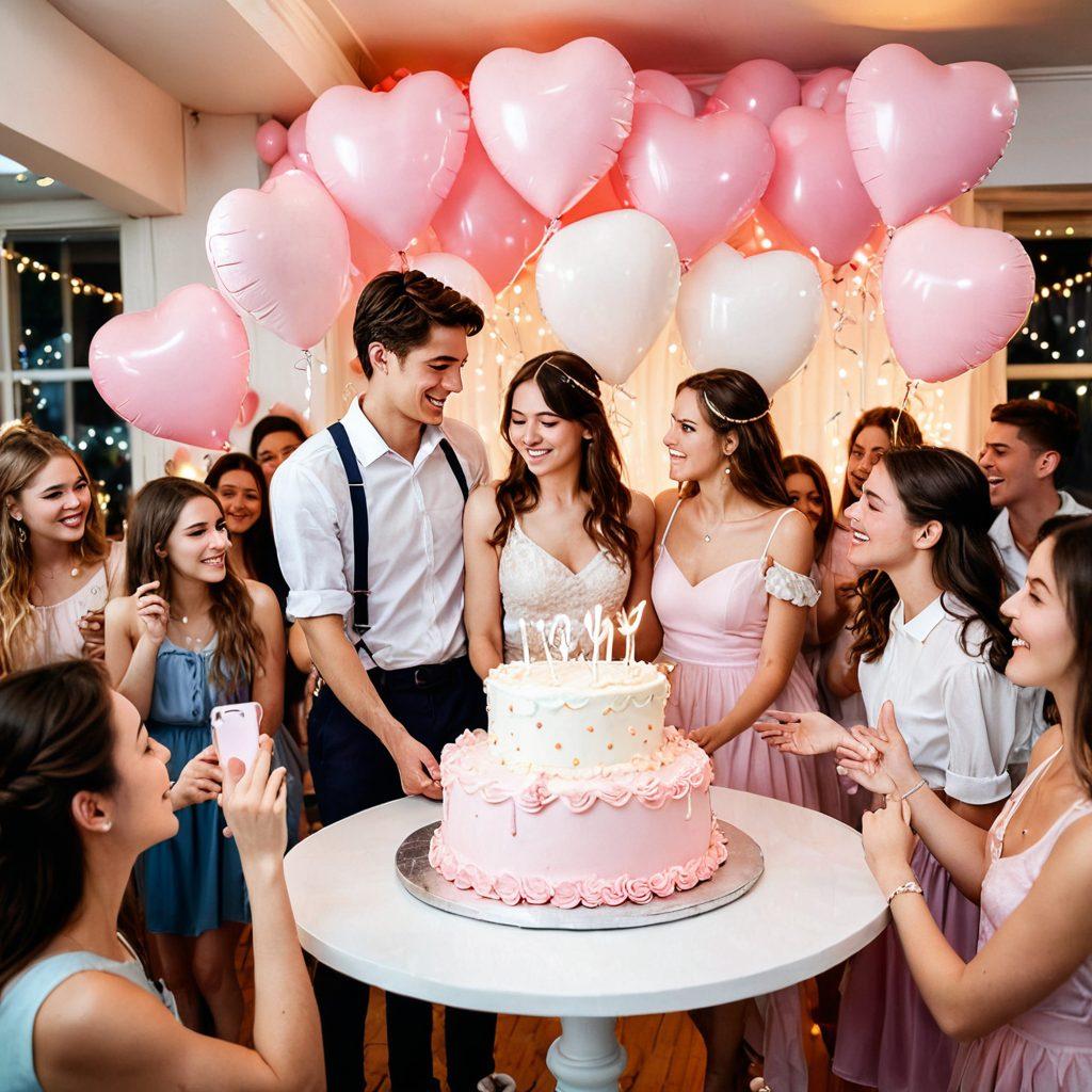 A beautifully decorated sweet sixteen party scene, featuring a cake adorned with pink and white icing, heart-shaped balloons floating in the air, and a couple of teenagers happily dancing together under twinkling fairy lights. Surrounding them are friends clapping and laughing, capturing the essence of young romance and joyful celebration. Soft pastel color palette. romantic illustration. vibrant colors.