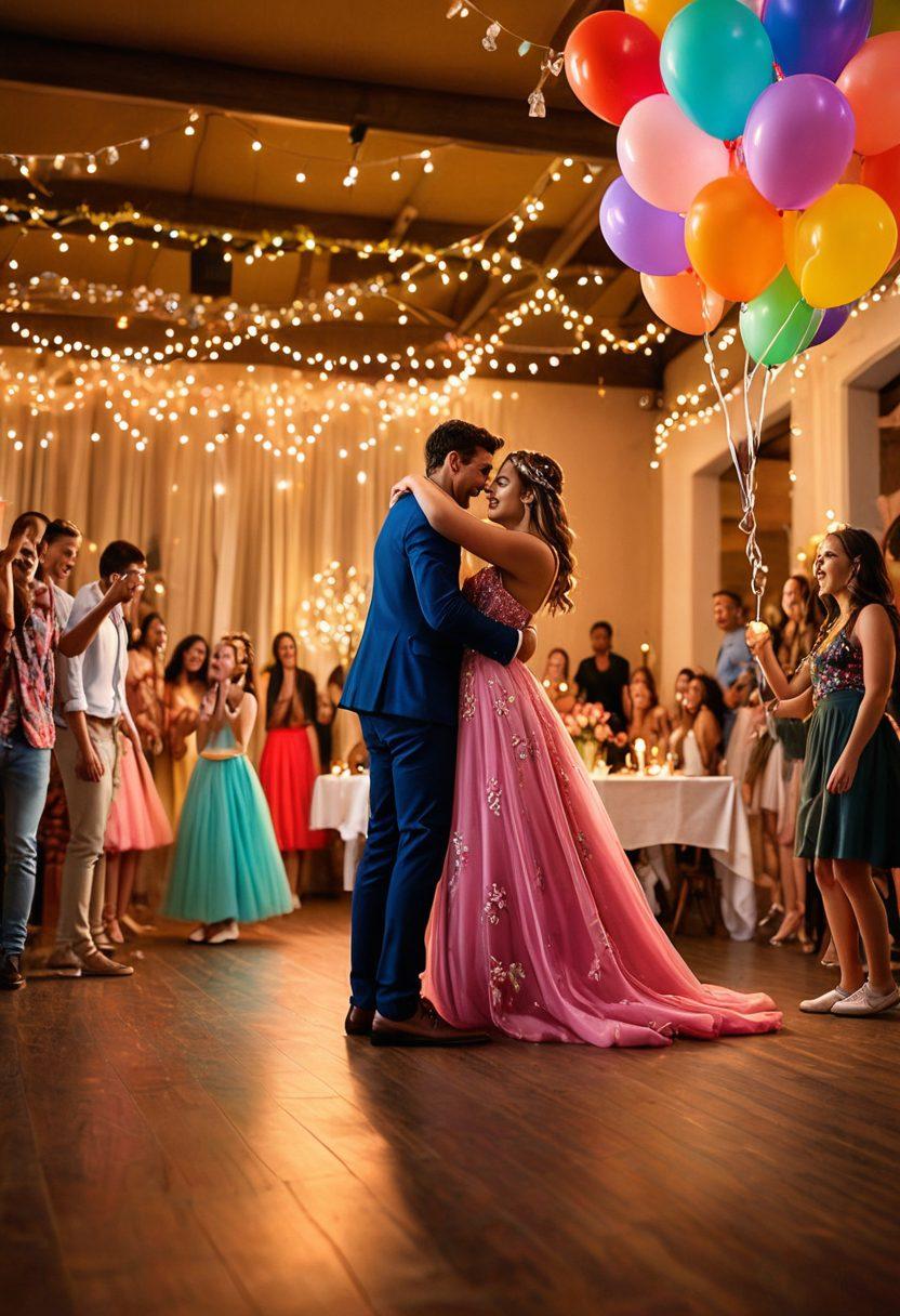 A vibrant scene featuring a beautifully decorated banquet hall filled with colorful balloons and twinkling fairy lights, showcasing a joyful group of teens dancing together, capturing moments of tenderness and passion. Highlight a stunning birthday cake adorned with floral designs and candles, while friends smile and share hugs in the background. Emphasize a feeling of celebration, youth, and warmth in the atmosphere. bright colors. party theme. super-realistic.