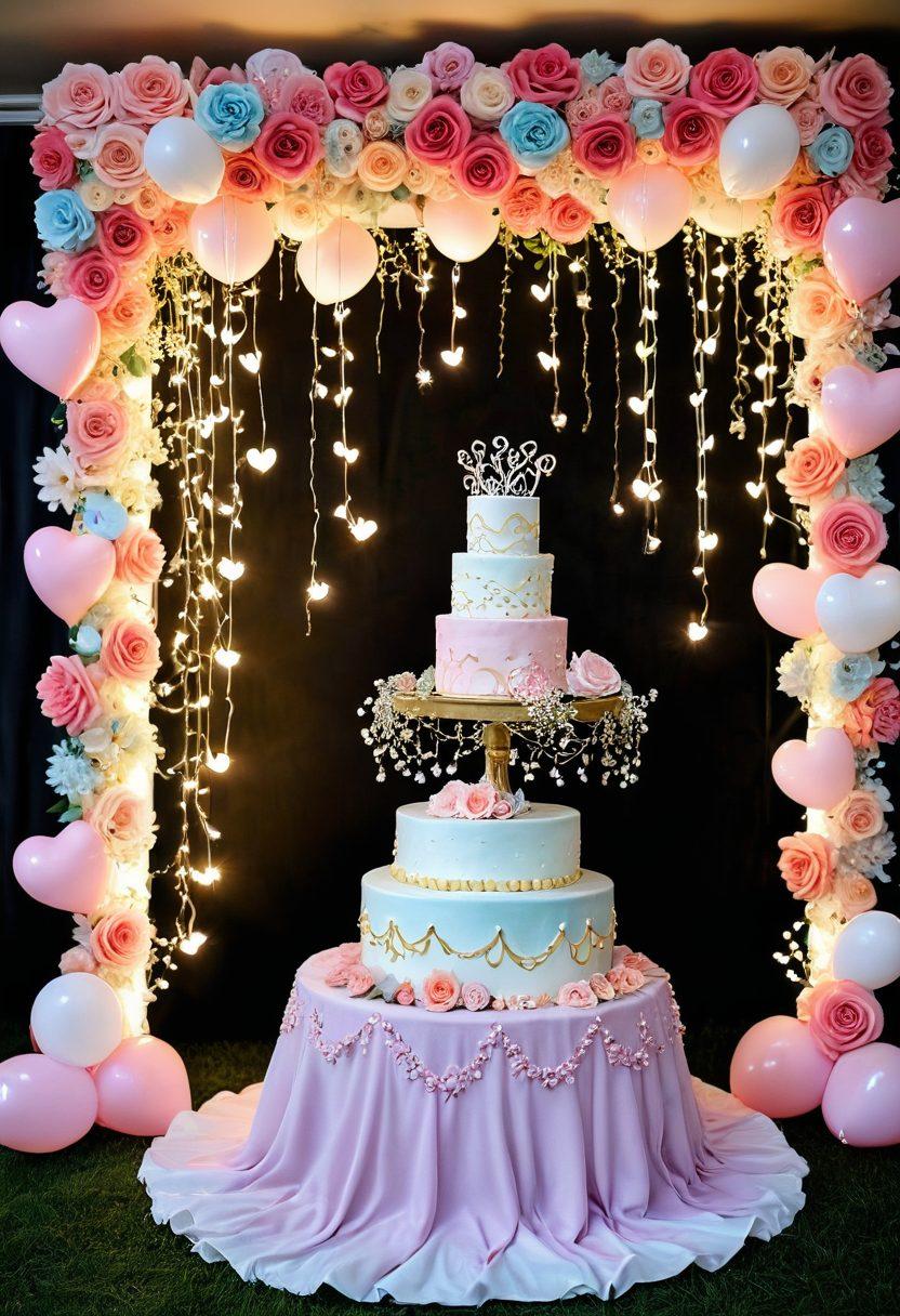 A whimsical and enchanting scene of a Sweet Sixteen party, featuring a beautifully decorated cake with hearts and flowers, surrounded by friends laughing and sharing joyful moments. Include twinkling fairy lights overhead, balloons in pastel colors, and a magical garden backdrop with blooming roses. Capture the essence of affection and celebration, with soft lighting and romantic elements. painting. vibrant colors. fairy tale style.